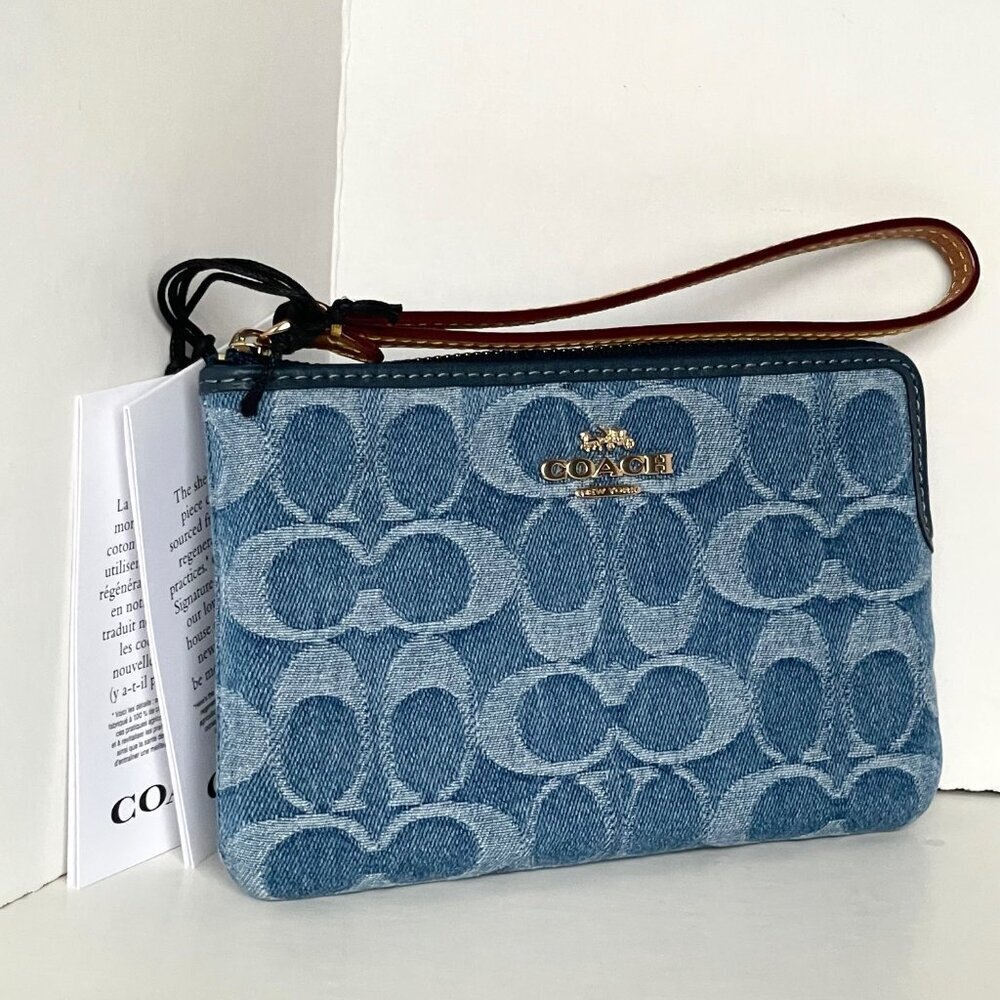 Coach Corner Zip Wristlet Blue Signature Denim Leather Wallet CDF26 - Picture 3 of 9